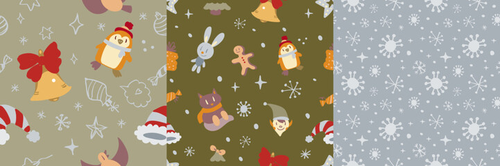 Set of Adorable seamless Christmas doodle pattern with cute festive icons and cozy holiday vibes. Perfect for gift wrap, textiles, greeting cards, and joyful seasonal decor.