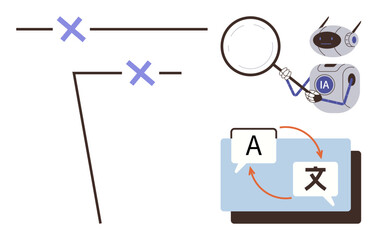 Robot with magnifying glass investigates language translation flow between text bubbles. Ideal for AI, communication, translation, research, education, process efficiency, and linguistics themes. A