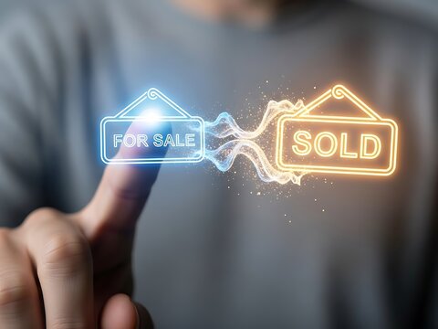 Finger touching glowing 'FOR SALE' and 'SOLD' signs, symbolizing a completed real estate transaction or property deal - Powered by Adobe