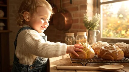 Adorable baby in a cozy kitchen reaching for freshly baked sweet bread rolls on a cooling rack near a bright window