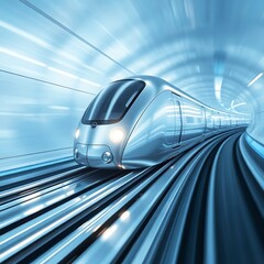 Obraz premium A sleek futuristic high-speed train glides along an elevated rail track, showcasing advanced transportation technology, modern engineering, rapid mobility, and innovative design for future urban trans