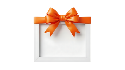 Elegant orange ribbon tied on a white vertical card against a black background