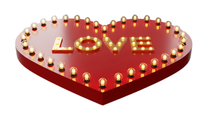 Illuminated red heart shaped box with the word love in golden marquee lights