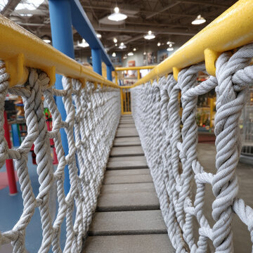 Fototapeta Close-up of a rope bridge in an indoor playground.