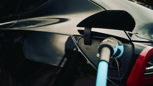 Close up view of a charging plug connected to a sleek black electric car