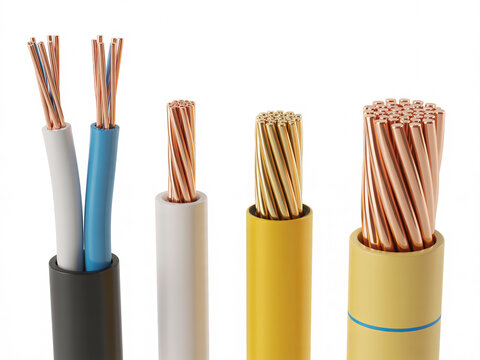 A close-up view of various types of electrical wires and cables, showcasing different gauges and insulation colors, against a white background.