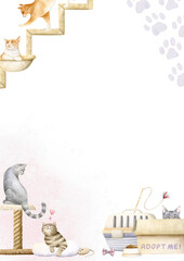 Cats adoption vertical frame watercolor isolated illustration. Hand drawn pet template with copy space. Funny and cute orange and gray domestic animals in various poses with toys and accessories