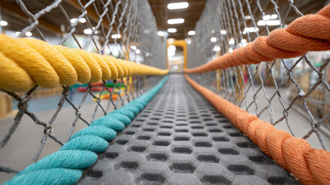 Fototapeta Colorful playground rope bridge offering an adventurous path for kids.