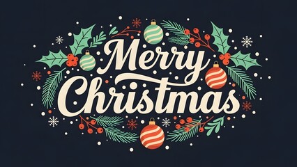 Merry christmas typography design with festive ornaments, holly, berries, and snowflakes illustration