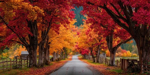 Autumn Road's Canopy: A picturesque road disappears into the distance beneath a vibrant canopy of autumn leaves, a symphony of warm colors painted across the landscape.