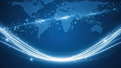 Global network connections with bright light streaks and world map overlay