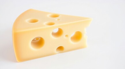 A piece of hard cheese with large holes, isolated on a white background. Fresh dairy product for menus, recipes, and advertising layouts. For culinary design, menus, and advertising of dairy products 