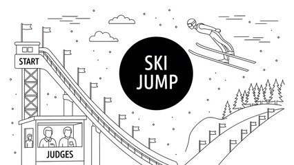 Ski jump competition outline illustration with skier in midair and judges booth, isolated on white background