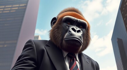 a gorilla in a business suit against the background of skyscrapers. Concept, power, and business leadership. For banners, business content, and business partners