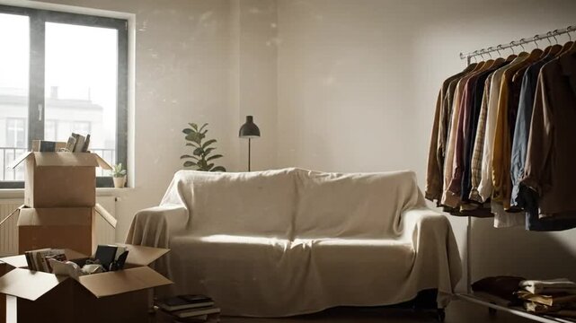 Empty sunlit room with moving boxes, sofa, clothes rack, and plants, symbolizing transition and change
