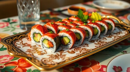 Sushi on a decorative plate with an ornament, close-up. Vivid presentation of Japanese cuisine for the restaurant menu, delivery and food advertising