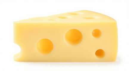 A piece of hard cheese with large holes, isolated on a white background. Fresh dairy product for menus, recipes, and advertising layouts. For culinary design, menus, and advertising of dairy products 