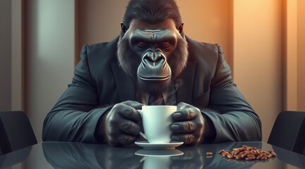 A gorilla in a business suit sits with a cup of coffee. Suitable for advertising, coffee, drinks, and business style. 3D illustration for blogs, banners, and presentations.