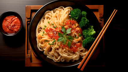 Asian Noodles Bowl with Broccoli and Spicy Red Chili Sauce. Delicious Wok Dish, Gourmet Cuisine.