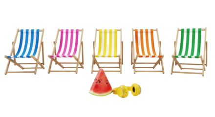 A row of five identical wooden deck chairs with vibrant primary color stripes on a minimalist white studio background, featuring a watermelon slice and yellow headphones. Concept of summer leisure.