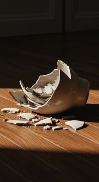 A ceramic vase lies shattered into countless sharp pieces on a wooden floor, representing an accident, fragility, and irreparable damage ,fragments ,destruction ,sharp