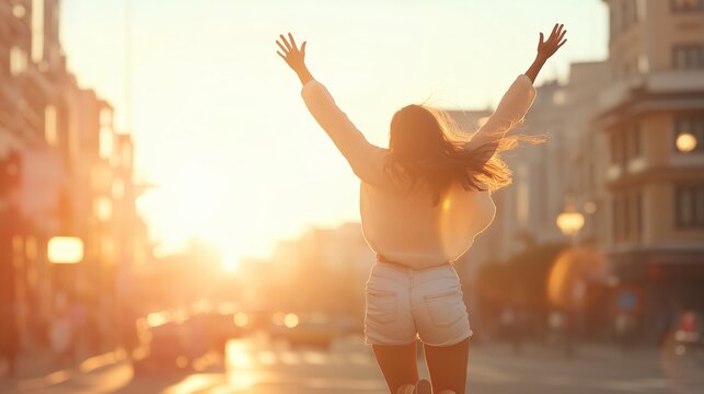 Woman celebrating at sunset in city street with outstretched arms and joyful expression