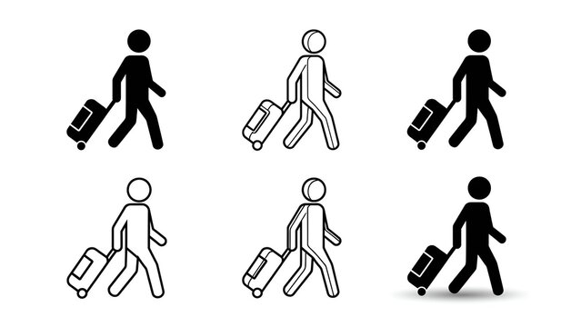 Set of six stylized traveler icons depicting a person walking while pulling a rolling suitcase luggage bag