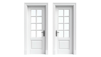 Two white doors with glass panes against black