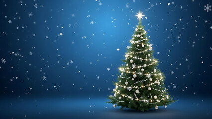 Illuminated christmas tree with falling snowflakes on blue background