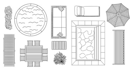 Clean black and white top view vector set featuring pool, hot tub, sunbeds, umbrellas, outdoor furniture, decking, and plants in a minimalist line art style isolated on transparent background