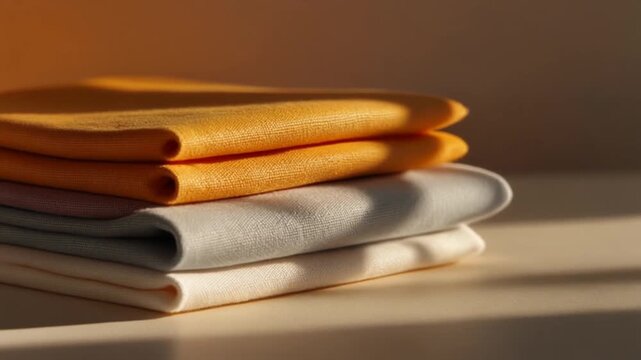 Stacked folded cotton fabric with geometric edges catching golden hour sunlight. Warm saffron and clay tones create a minimalist textile background for home decor.