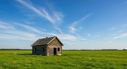 Obraz premium A weathered, dilapidated wooden shack stands solitary in a vibrant, sunlit summer meadow, surrounded by lush green grass and blue sky ,isolated ,cabin ,vast