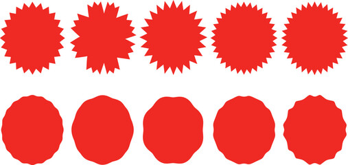 PrintSet of red badge and seal shapes for labels, stickers, promotional stamps, awards, and decorative graphic design elements.