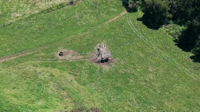 Drone video showing wide angle, green pastures and trees at Silvan Reservoir in lush, clear daylight. Offers dynamic aerial perspective capturing expansive natural scenery without people.