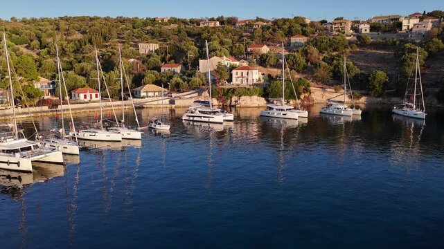 Kastos Island,aerial view circle pan left from the harbor towards the town quay and open sea where sailboats anchored,very early in the morning. Sun is shining behind the hill on the blue sea.
