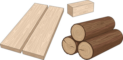 Wooden planks, lumber blocks, and stacked tree logs illustration for woodworking, carpentry, construction projects, and natural material design.