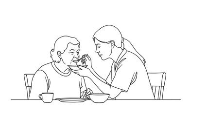 High-quality black continuous line art of a caregiver helping an elderly person eat a meal at a table, home care and senior support concept
