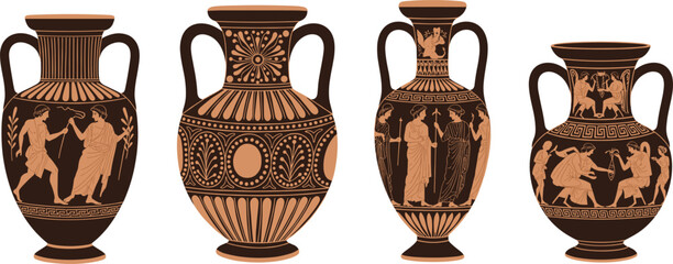 Ancient Greek amphora vase collection with classical mythology illustrations, traditional terracotta pottery, and intricate ornamental decorative patterns.