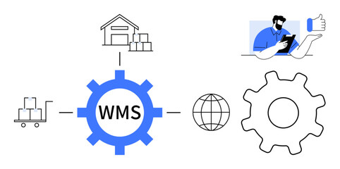 Logistics, supply chain, inventory management, warehouse operations, e-commerce, process automation. Diagram with WMS gear icon connecting warehouse, forklift globe and user. Logistics and supply