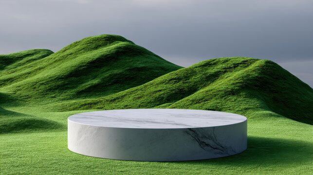 Showcase of minimalist marble platform amidst lush green hills digital art nature dramatic view - Powered by Adobe