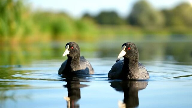 Two Eurasian coots floating serenely on a calm lake, reflections of birds on water surface, peaceful wildlife scene