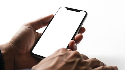 Close up of a hand holding a blank smartphone screen for mockup presentation