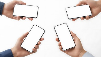 Four hands displaying blank mobile phone screens for digital mockup presentation
