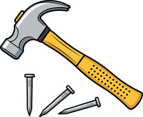 Cartoon illustration of a hammer with scattered nails, detailed hand tool artwork for construction, carpentry, and DIY projects.