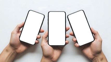 Three smartphones displayed in hands with blank white screens for mockup presentation
