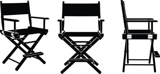 Black silhouette vector set of director&rsquo;s chairs shown from multiple angles for film production, cinema equipment, and studio design use.