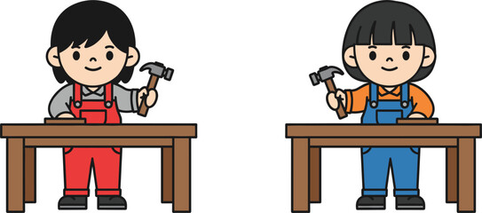 Children learning basic woodworking skills using hammers at a workbench, adorable kids crafting and practicing carpentry activities.