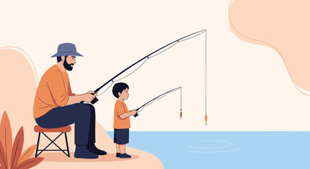 Obraz premium Father and son fishing together by the water, enjoying a peaceful outdoor activity and bonding time.