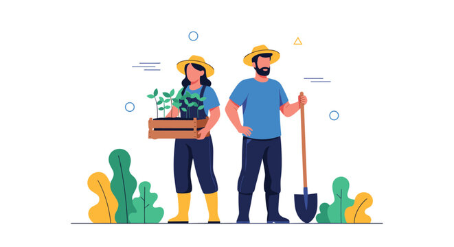 A man and a woman, dressed as farmers, stand together, ready for gardening and planting new crops.