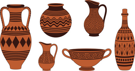 Collection of ancient terracotta pottery vessels with traditional geometric patterns, featuring amphora, bowls, jugs, and decorative vases.